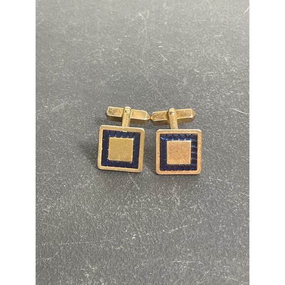 Gold-Tone Square Cufflinks With Blue Enamel Inlay & Toggle Closure - Picture 1 of 3